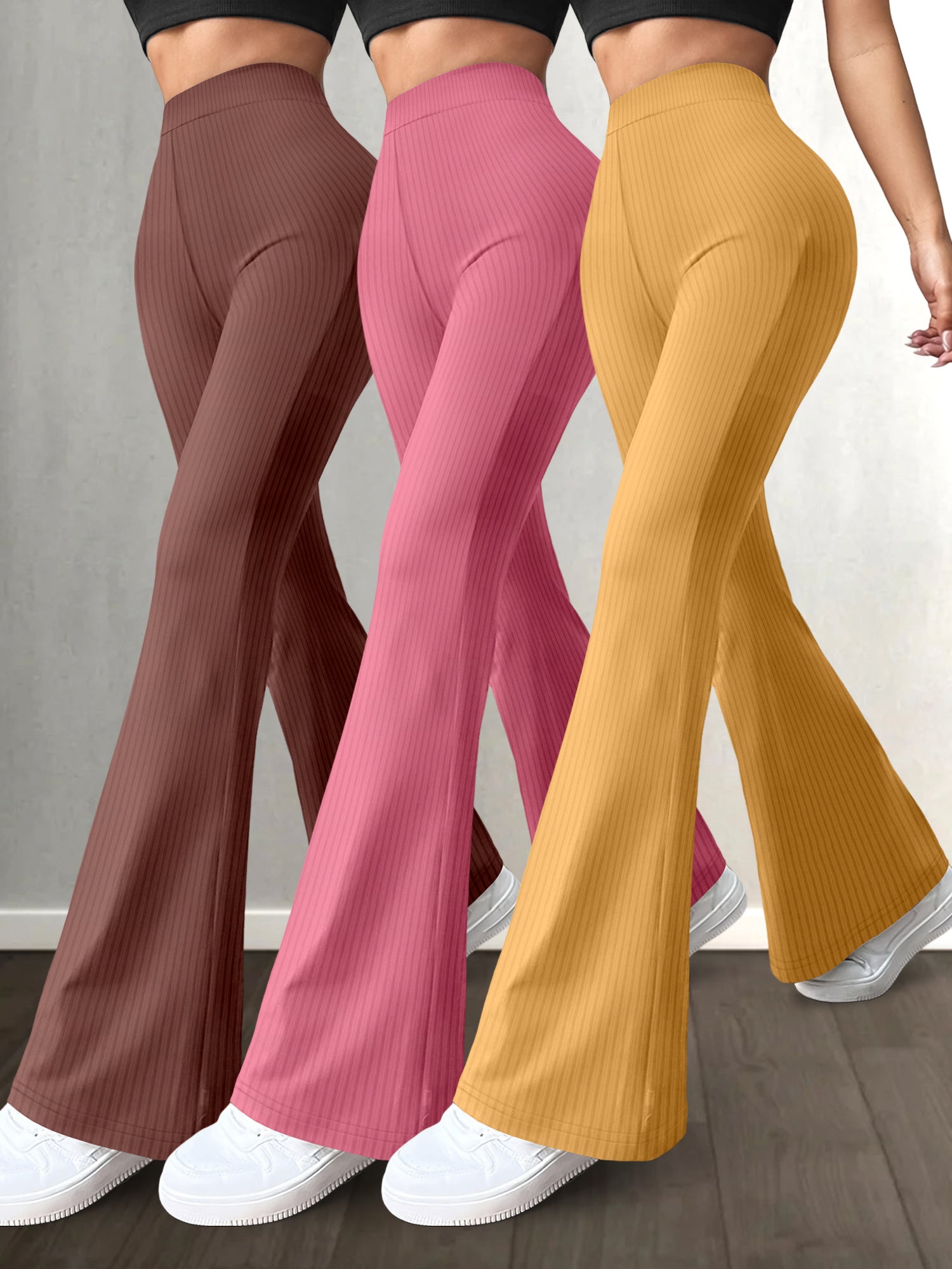 3pcs High-Waist Solid Color Flare Leg Pants for Women - Stretchy & Comfortable, Versatile Casual Yoga Pants in Black, Brown, & Maroon - Durable Polyester/Spandex Blend, Machine Washable